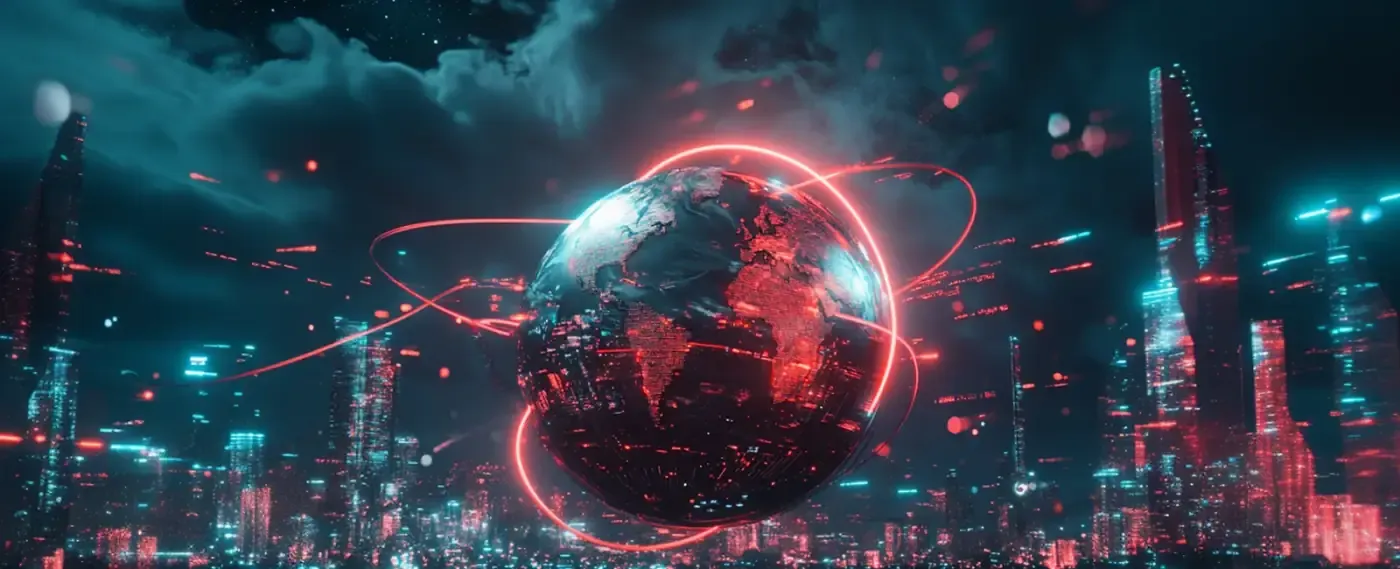 Globo terráqueo digital rodeado de órbitas de luz roja sobre una ciudad futurista iluminada con neón