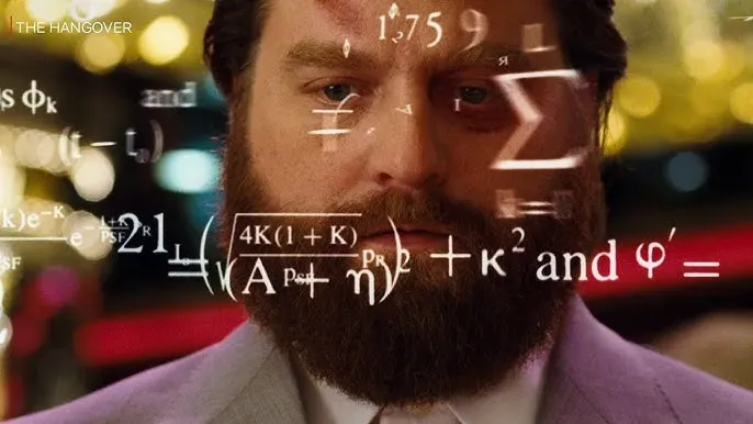 Escena de Resacón en Las Vegas: Alan calcula sus jugadas en el casino con ecuaciones flotando frente a su rostro