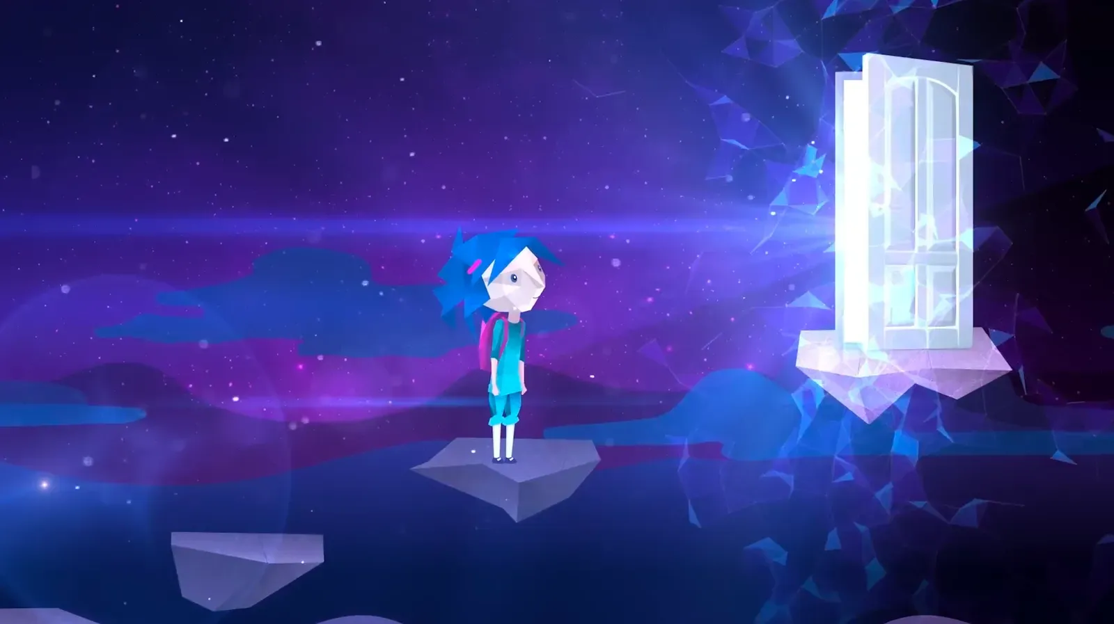 Sam, una chica de pelo azul con mochila, de pie sobre una roca flotante frente a una puerta blanca luminosa en un cielo estrellado
