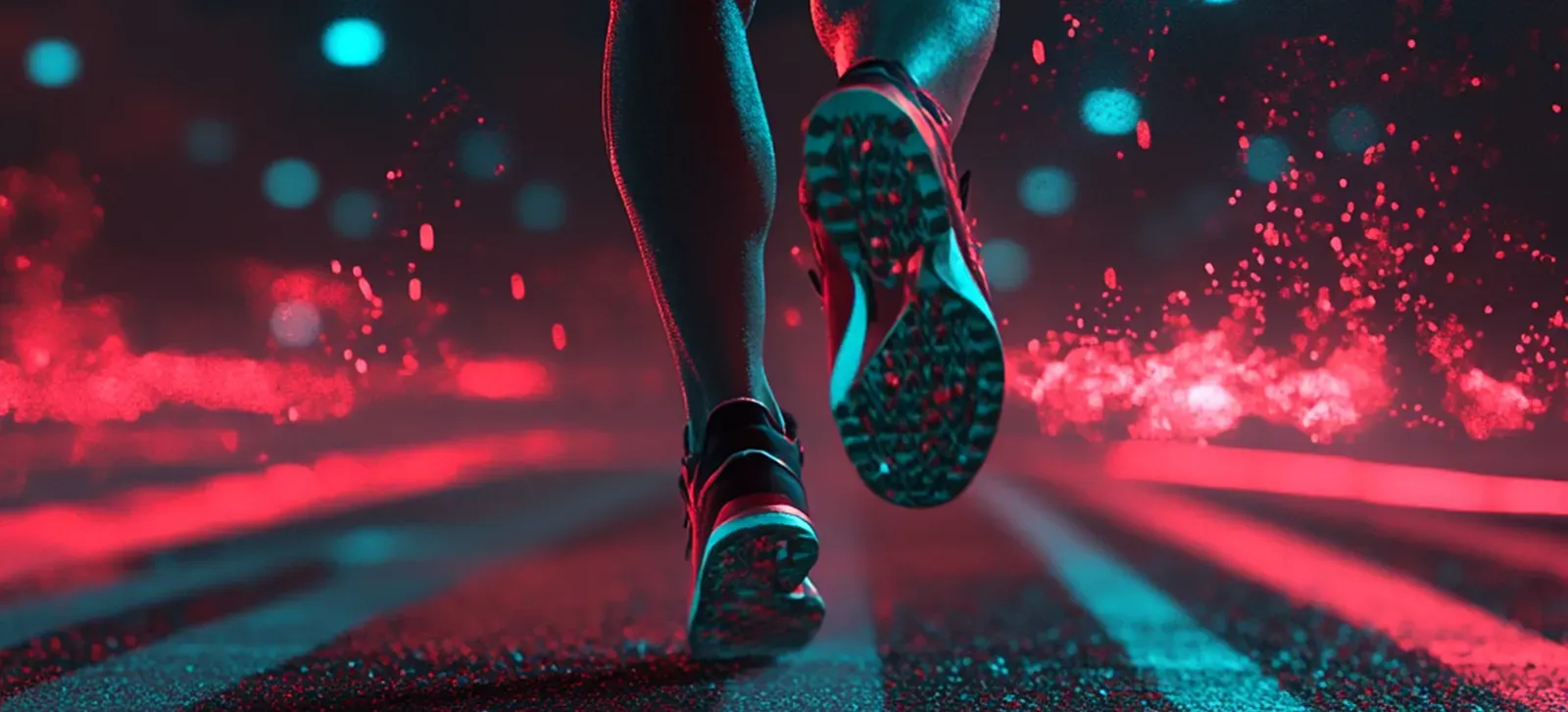Piernas de una persona corriendo sobre una pista de atletismo, rodeadas de partículas digitales rojas y cian