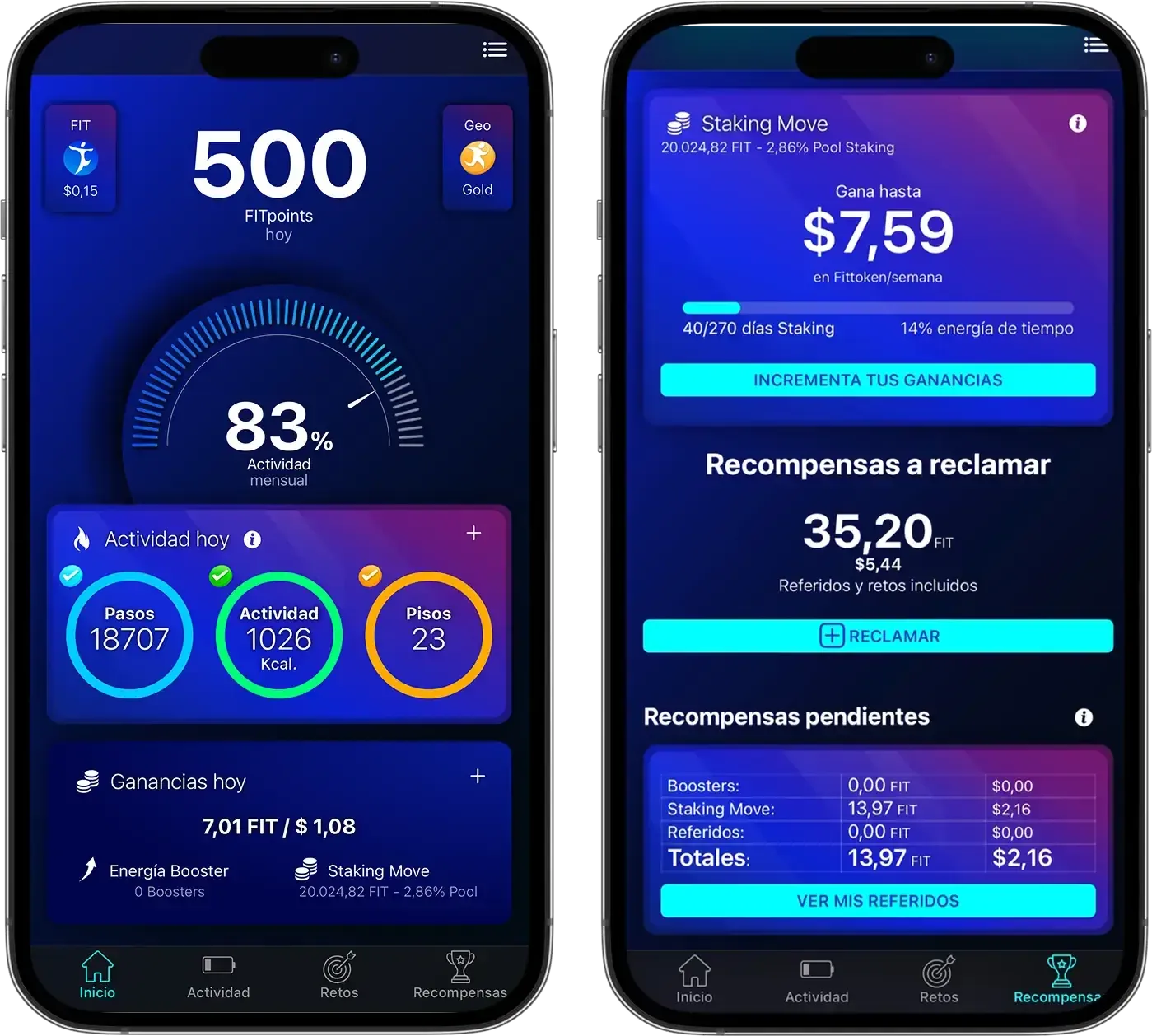 Dos pantallas de la app FITtoken Move: los 500 FITpoints del día con pasos, calorías y pisos cumplidos, y el panel de Staking Move con las ganancias diarias y las recompensas a reclamar