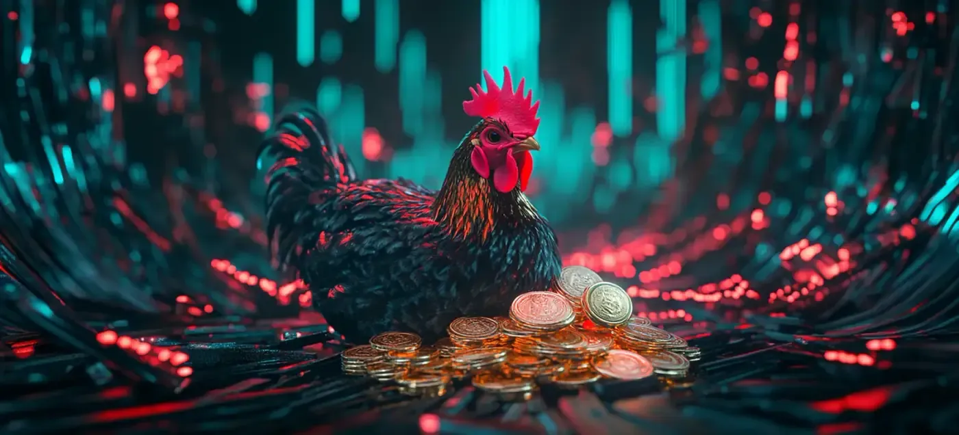 Gallina empollando un montón de monedas doradas en un entorno digital de luces de neón