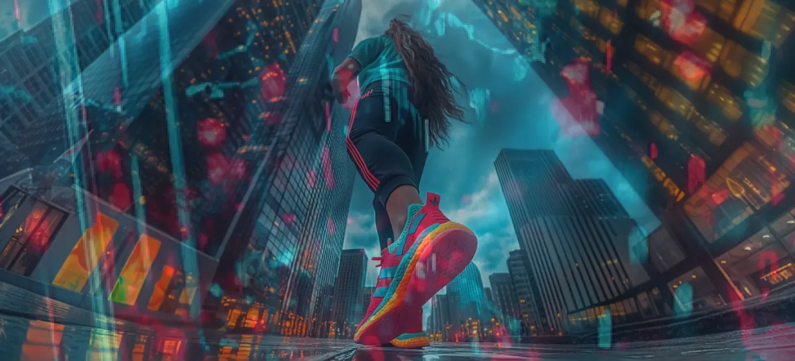 Corredora vista desde abajo con zapatillas rosas y turquesas, avanzando entre rascacielos iluminados con gráficas de colores superpuestas