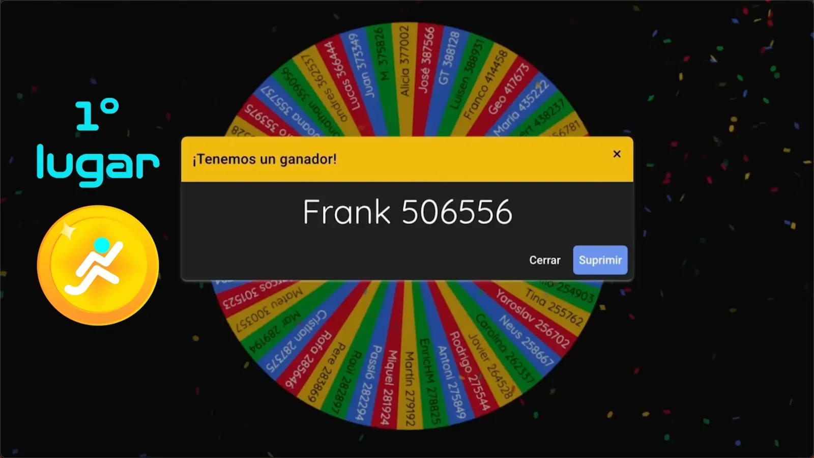 Ruleta del sorteo anunciando al primer lugar: Frank, con 506,556 pasos