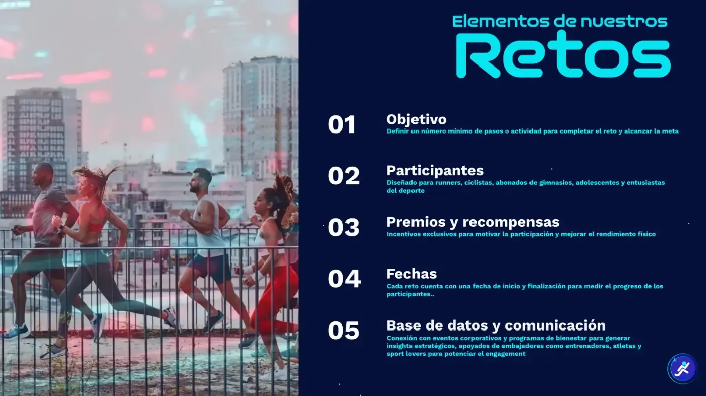 Los cinco elementos de un reto FITtoken —objetivo, participantes, premios y recompensas, fechas, y base de datos y comunicación— junto a un grupo corriendo por la ciudad