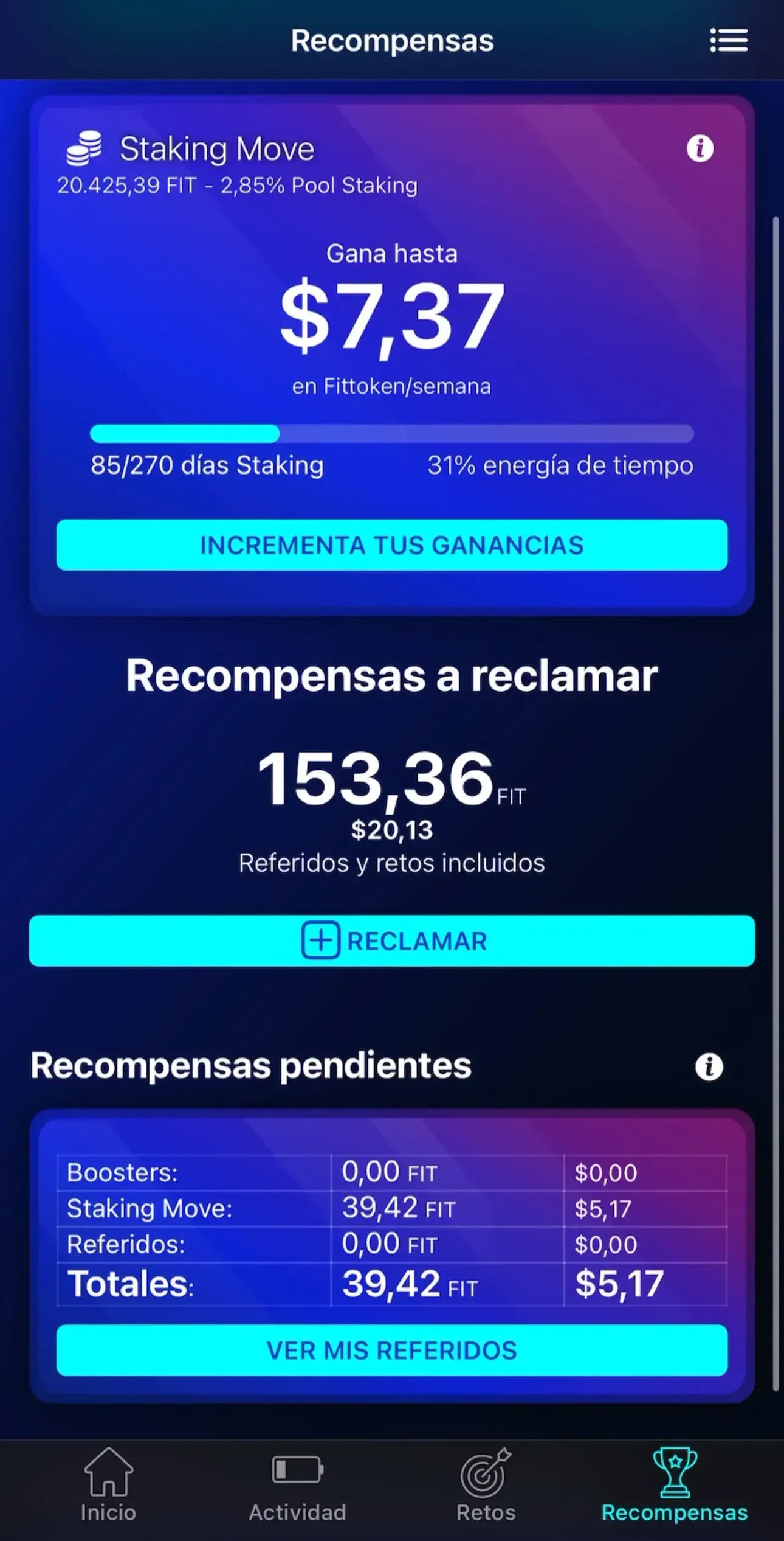 Pantalla de recompensas de la app FITtoken Move: 153,36 FIT ($20,13) listos para reclamar tras 85 de 270 días en Staking Move