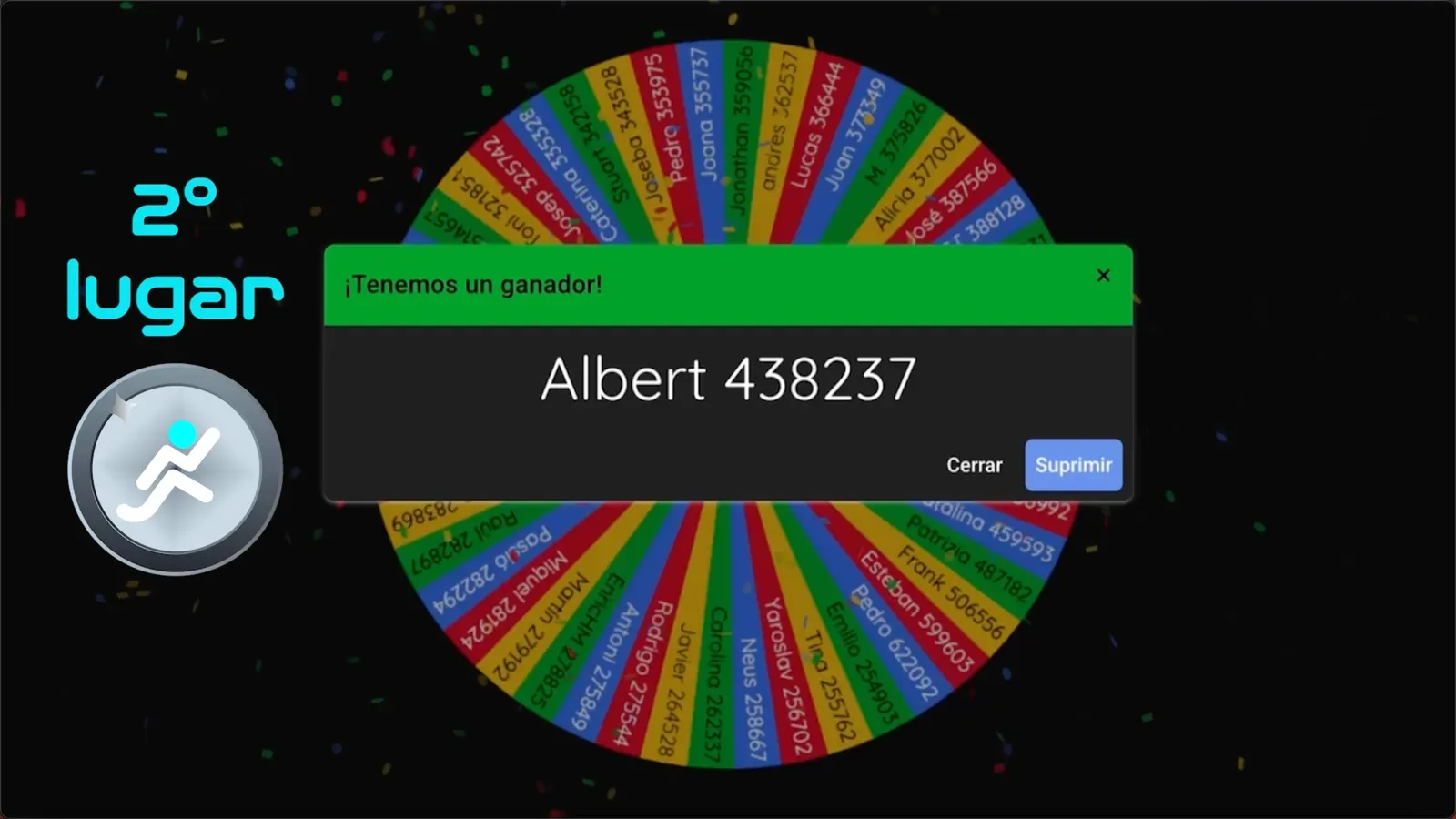 Ruleta del sorteo anunciando al segundo lugar: Albert, con 438,237 pasos
