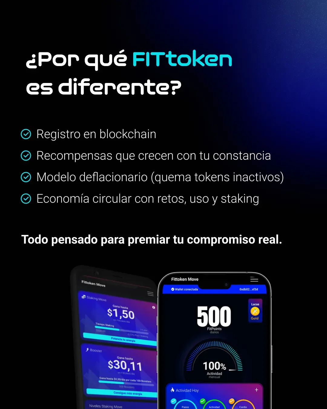 Por qué FITtoken es diferente: registro en blockchain, recompensas que crecen con tu constancia, modelo deflacionario y economía circular, con capturas de la app