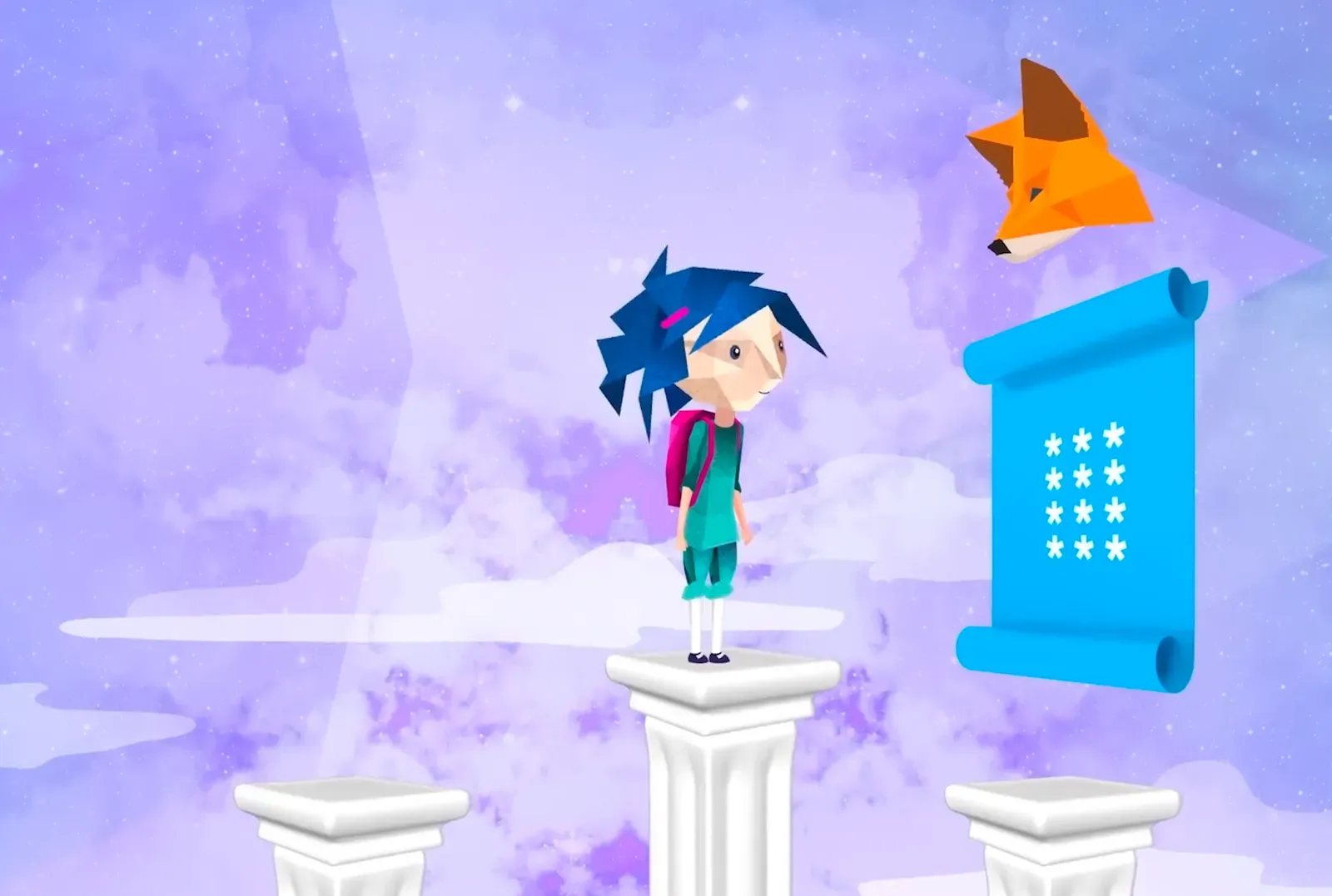 Sam sobre una columna blanca, entre el zorro de MetaMask y un pergamino azul con asteriscos que representa su semilla secreta