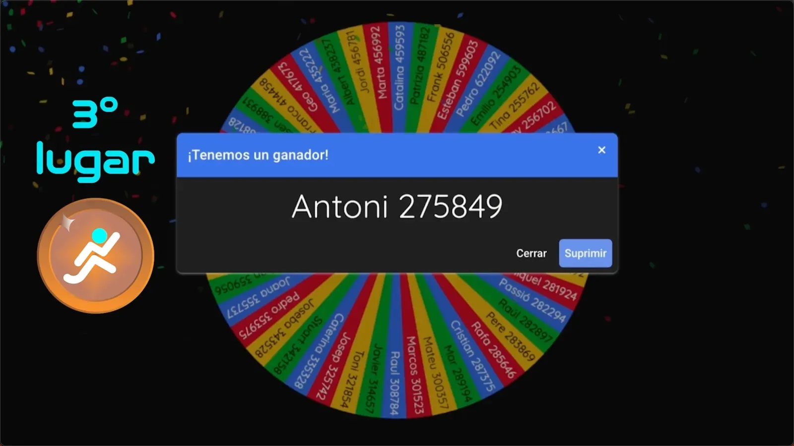 Ruleta del sorteo anunciando al tercer lugar: Antoni, con 275,849 pasos