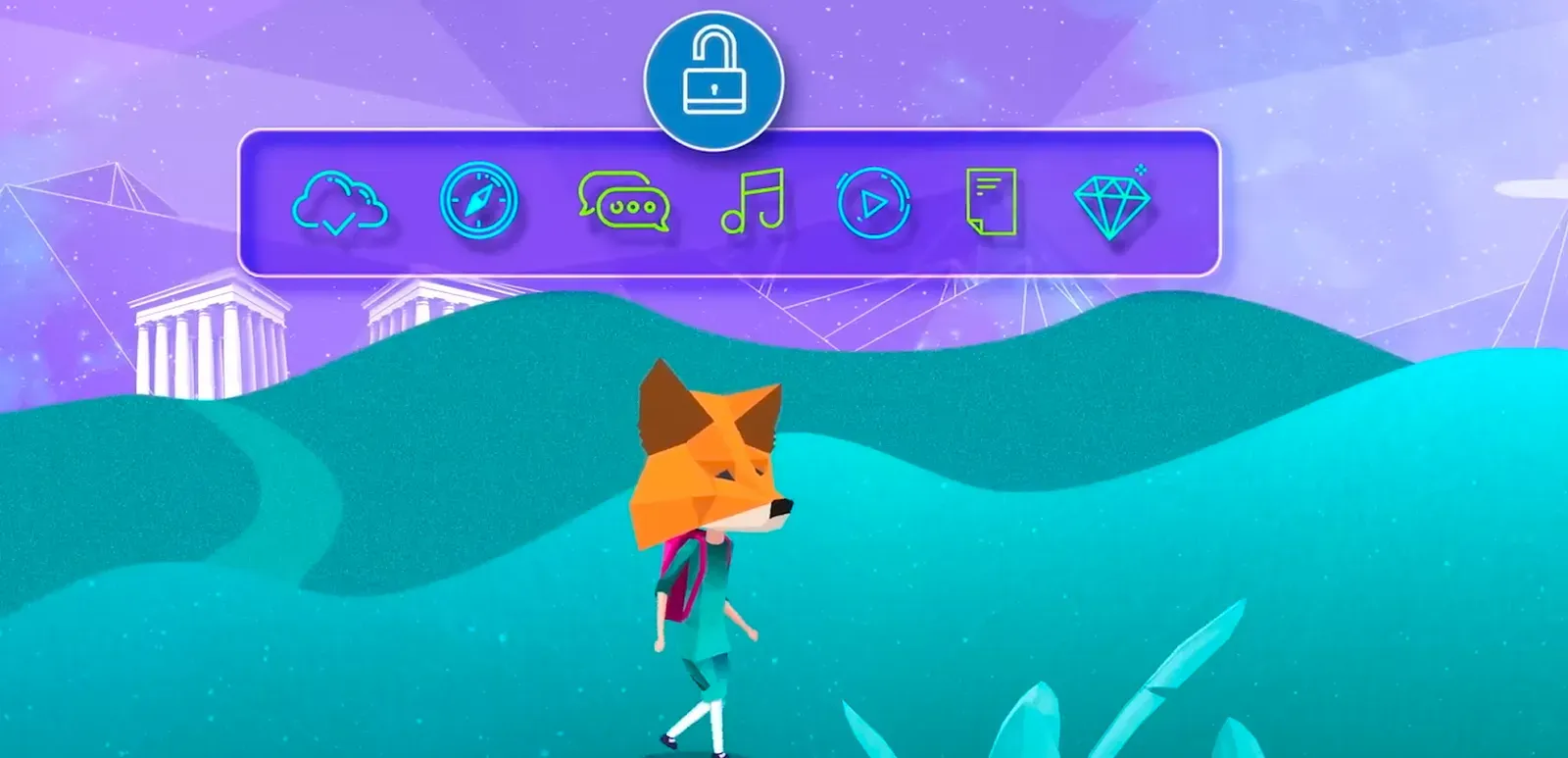Sam camina con la máscara del zorro de MetaMask por un paisaje turquesa, bajo un candado abierto y una fila de iconos de apps desbloqueadas