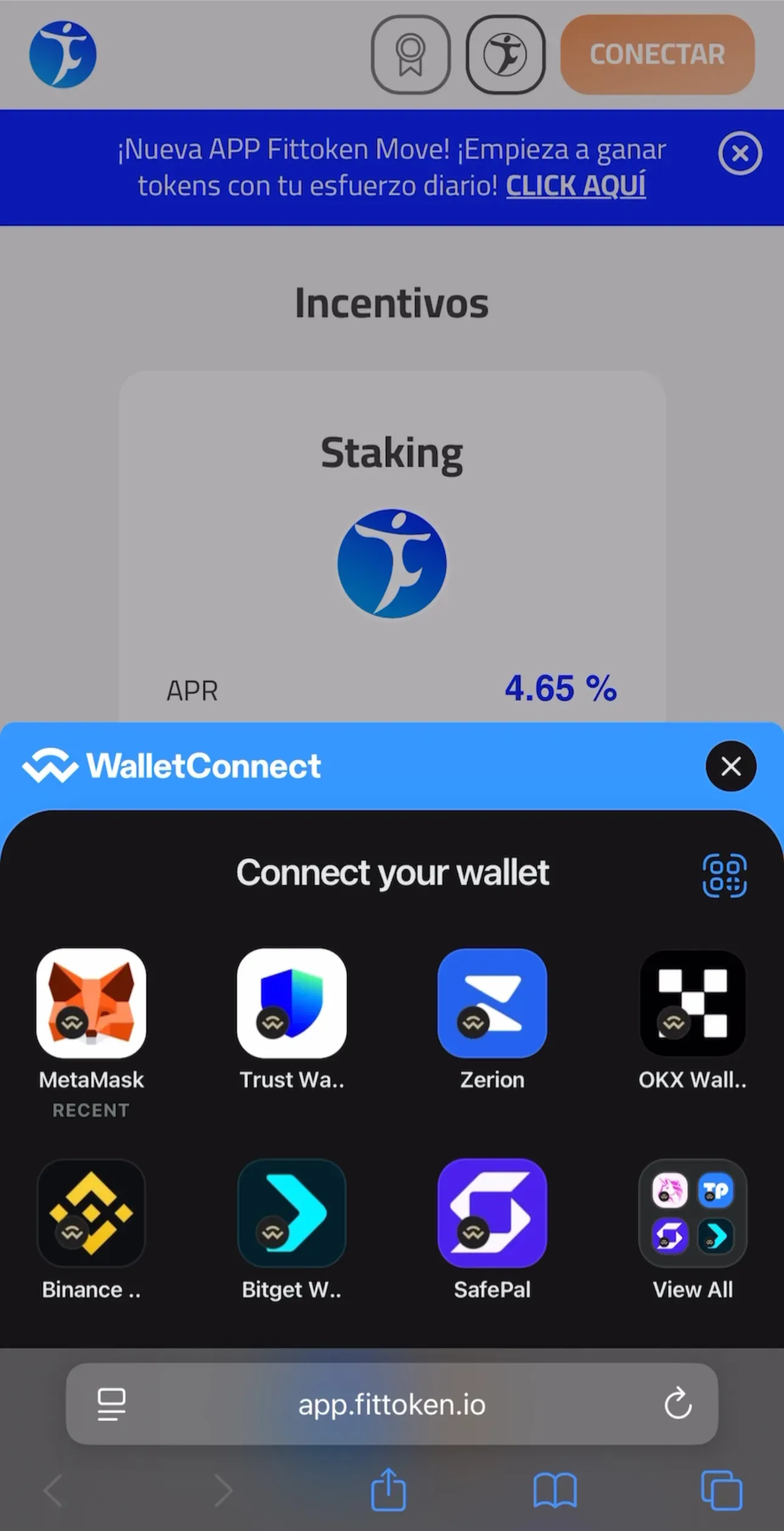 Ventana de WalletConnect en la dApp de FITtoken para conectar la billetera, con MetaMask, Trust Wallet, Zerion y otras opciones