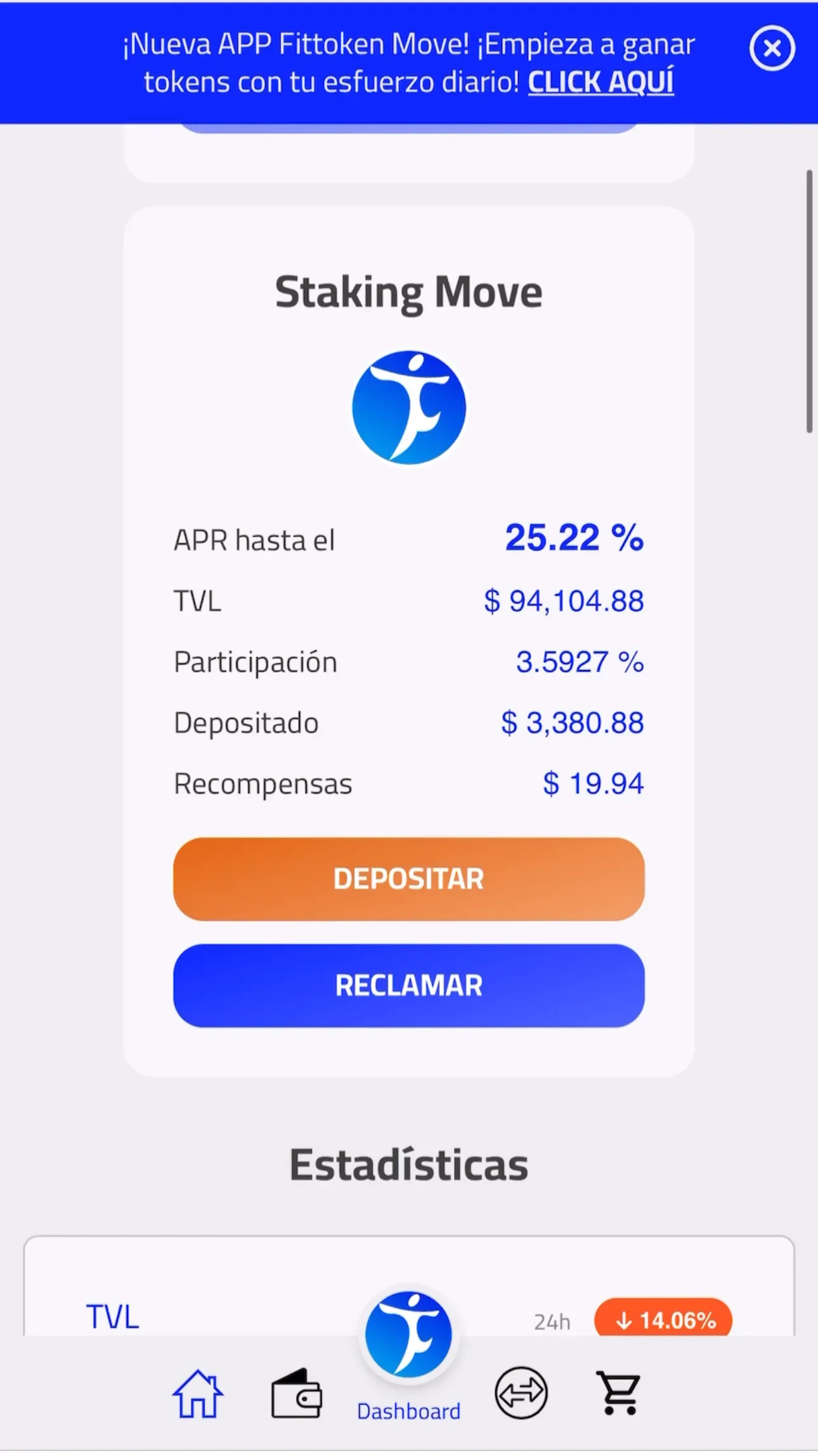 Sección Staking Move de la dApp con el APR, el TVL, la participación y lo depositado, junto a los botones Depositar y Reclamar