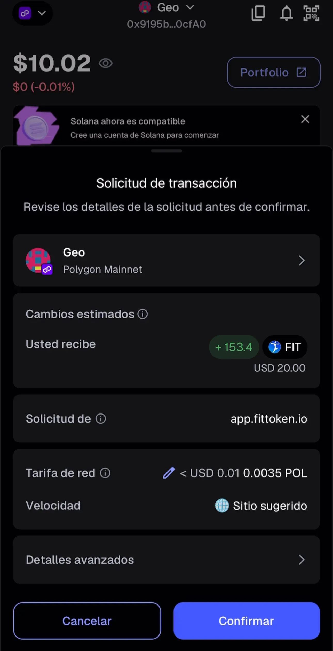 Solicitud de transacción en la billetera: se reciben 153,4 FIT ($20,00) desde app.fittoken.io en Polygon, pendiente de confirmar