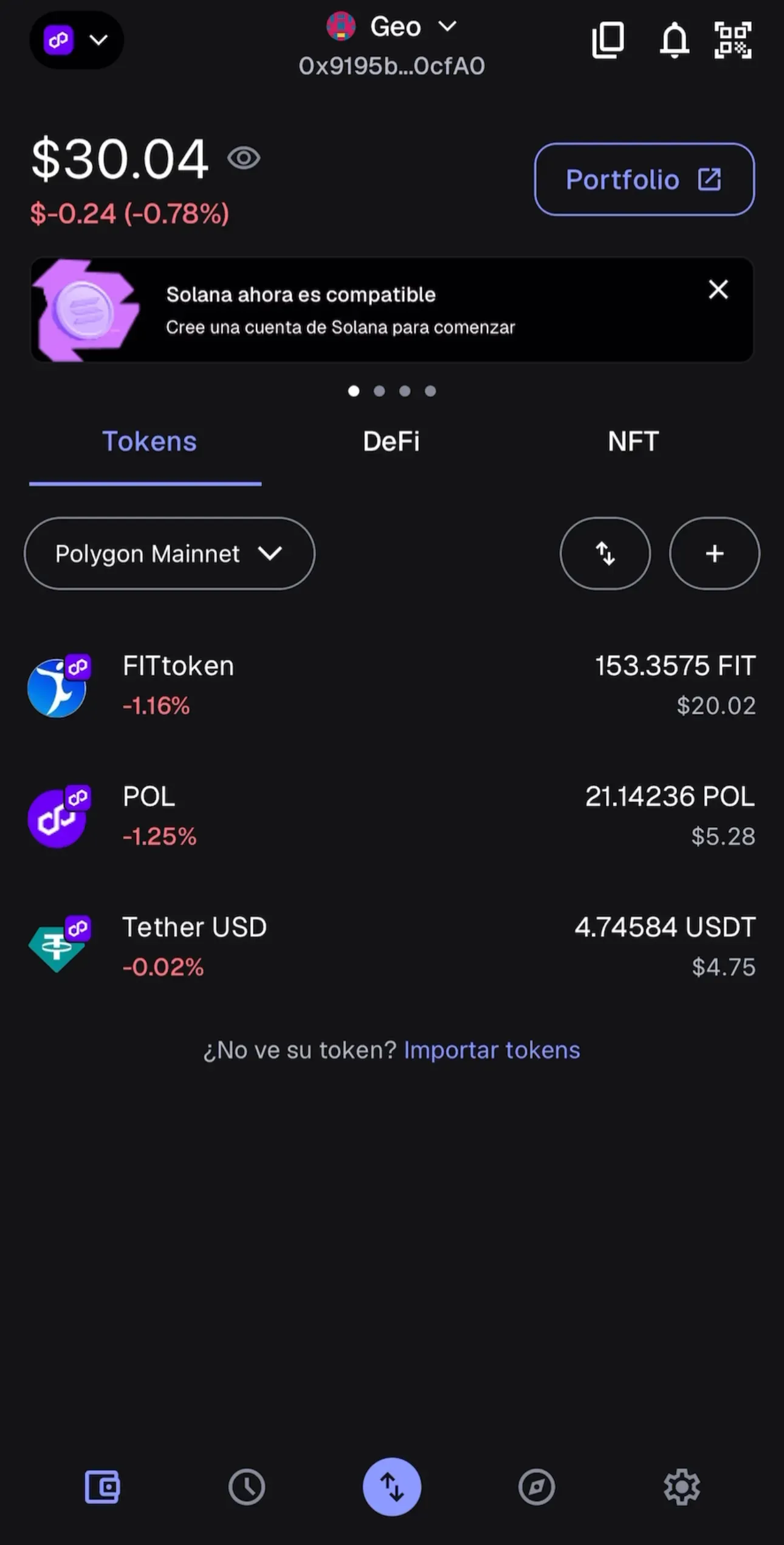 Billetera MetaMask en Polygon con los 153,36 FIT recibidos ($20,02), junto a los saldos de POL y USDT